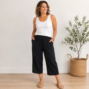 Fridaze Black 100% Linen Straight Leg Elastic Waist Crop Pants Large Hong Kong